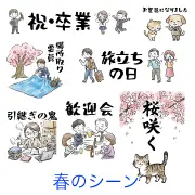 「祝・卒業」「桜咲く」などの文字入りイラストを詰め合わせた、春のシーンをテーマにした商用OKの無料素材集サムネイル。